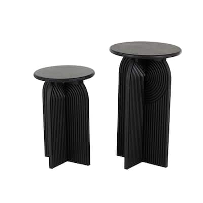 Wood Geometric Sandstone Carved Art Deco Arched Pedestal Accent Table - Set of 2 Black - Roche River Decor