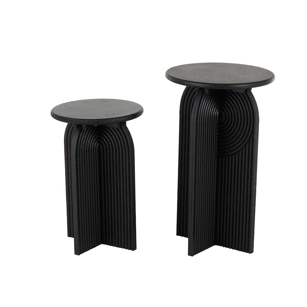 Wood Geometric Sandstone Carved Art Deco Arched Pedestal Accent Table - Set of 2 Black - Roche River Decor