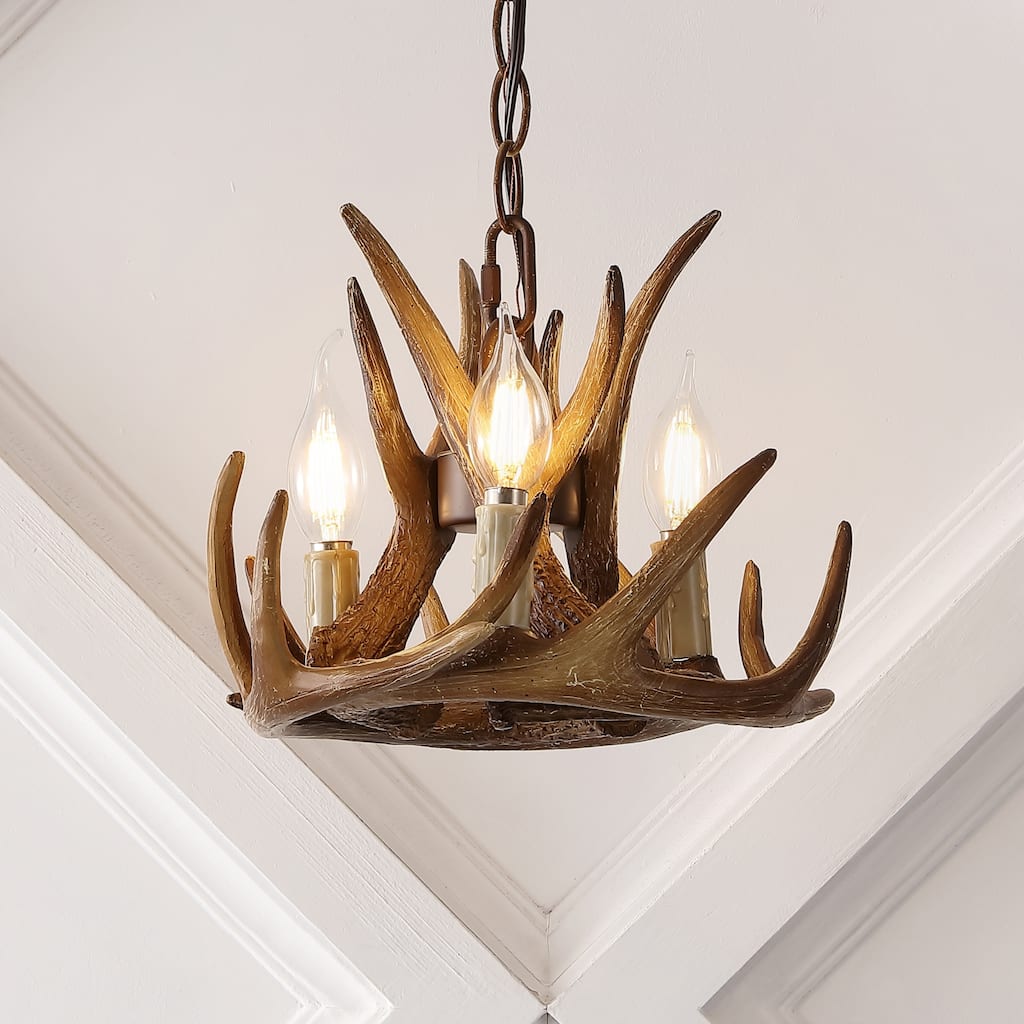 Draper 11.5" Adjustable Resin Antler 3-Light LED Chandelier, Brown by JONATHAN Y