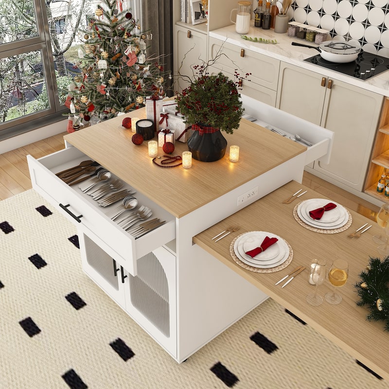 80-inch Expandable Kitchen Island with Dining Table, Marble-Grain Countertop, Mobile Storage Cart with Cabinet & 2 Drawers