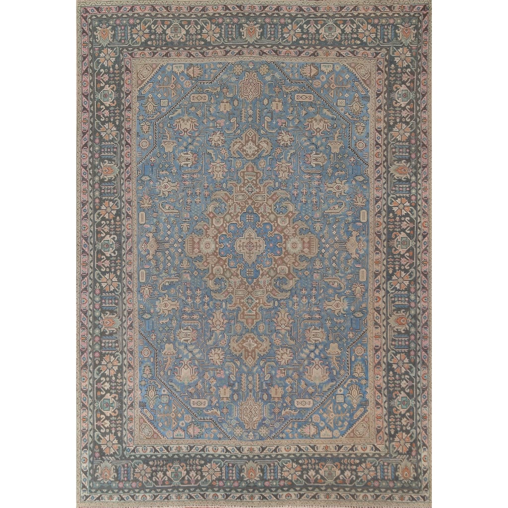 Over Dyed Blue Tabriz Persian Vintage Rug Hand-Knotted Wool Carpet - 8'0"x 10'11"