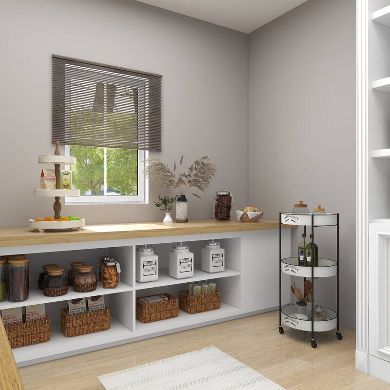 Metal Kitchen Rolling 3 Shelves Storage Cart with Wheels and Black Accents - White - Roche River Decor