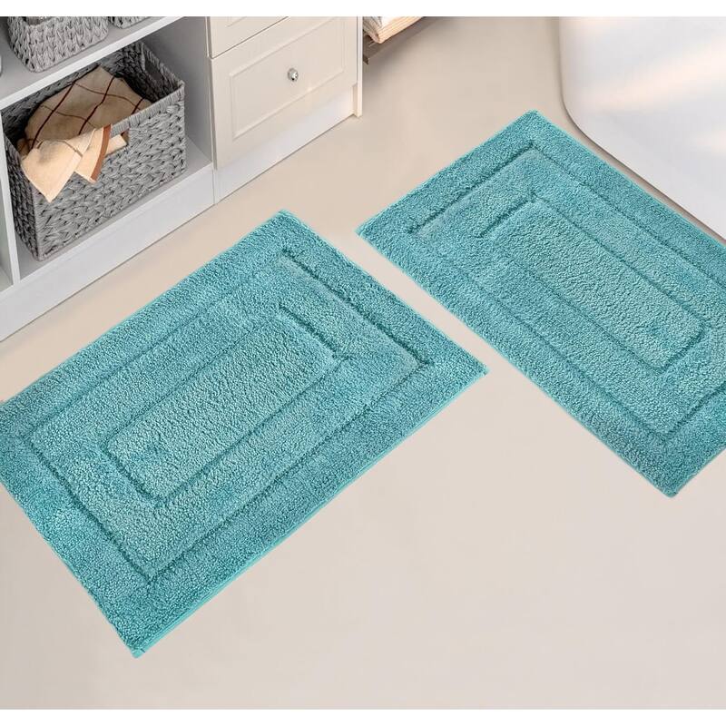 Blue 2 Piece Bordered Box Plush Soft Cozy 100% Polyester Bath Mat Set - Blue