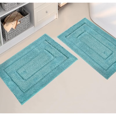 Blue 2 Piece Bordered Box Plush Soft Cozy 100% Polyester Bath Mat Set