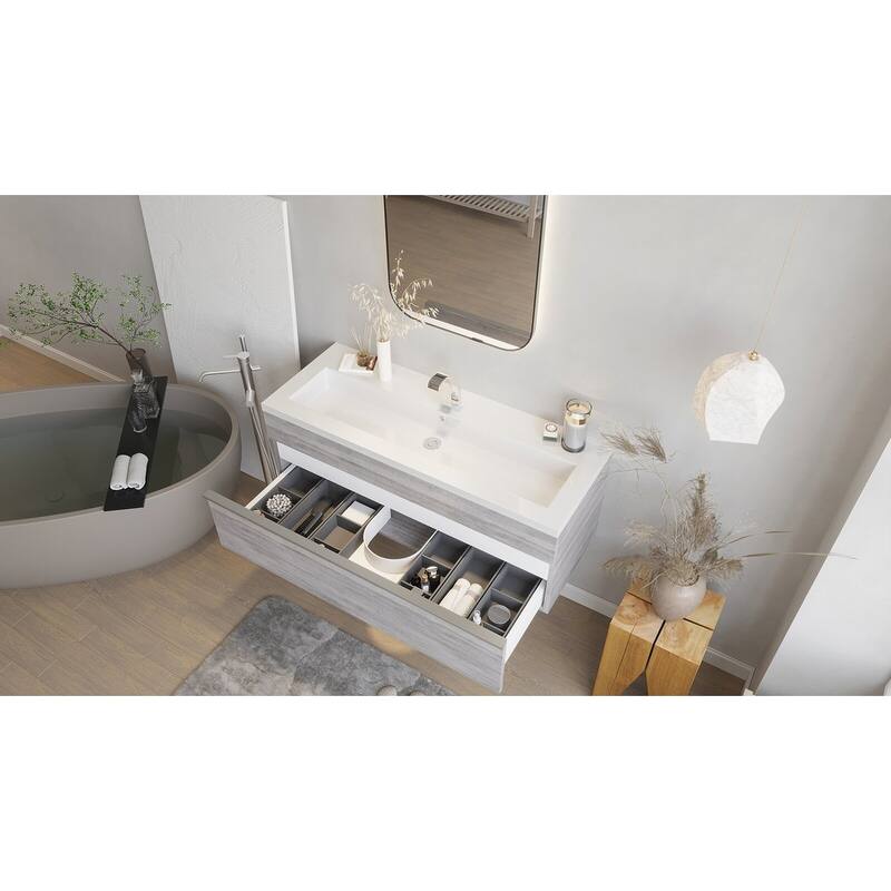 Trough Collection 42" Wall Mount Cultured Marble Top Bathroom Vanity with Sink and Drawer