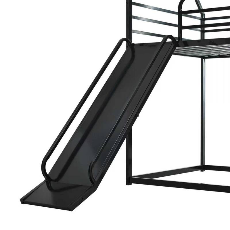 Metal Twin Over Twin House Bunk Bed with Ladder and Slider, Sturdy and Safe Design, Black