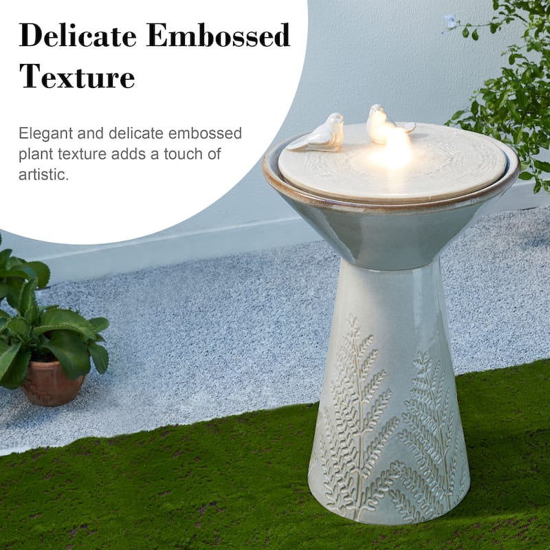 Glitzhome 27.5"H Two Birds Embossed Ceramic LED Birdbath Patio Outdoor Fountain