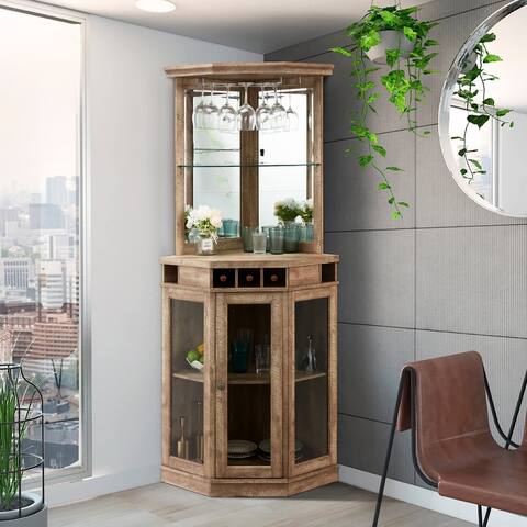 Erommy Corner Bar with Built-in Wine Rack and Lower Cabinet, Hanging Stemware Rack, Burlywood