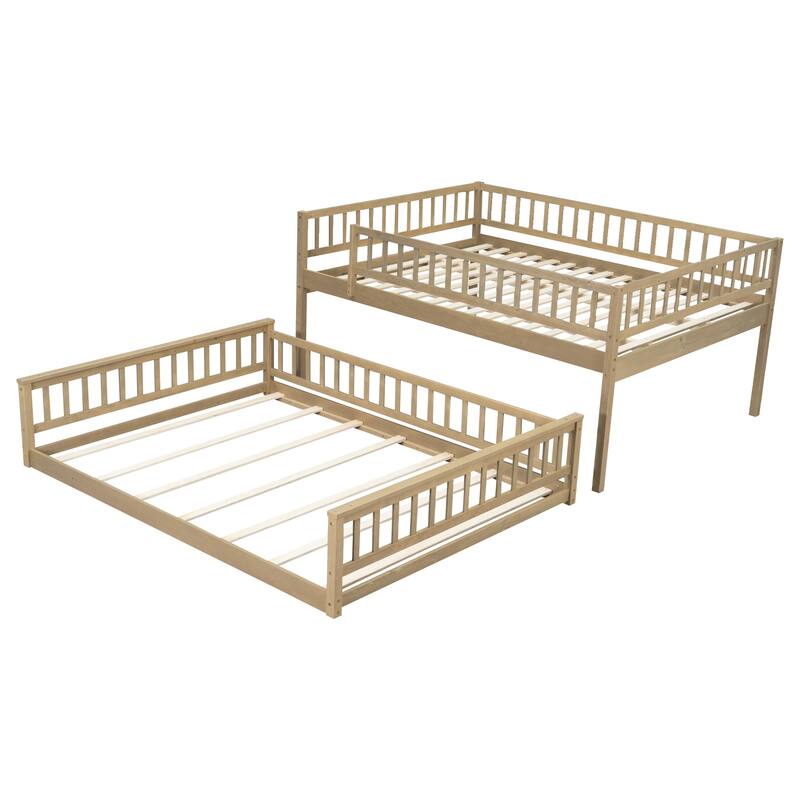 Bunk Bed Frame with Ladder and Guardrails, Detachable Design Wooden Bunk Bedframe into 2 Separate Platform Beds
