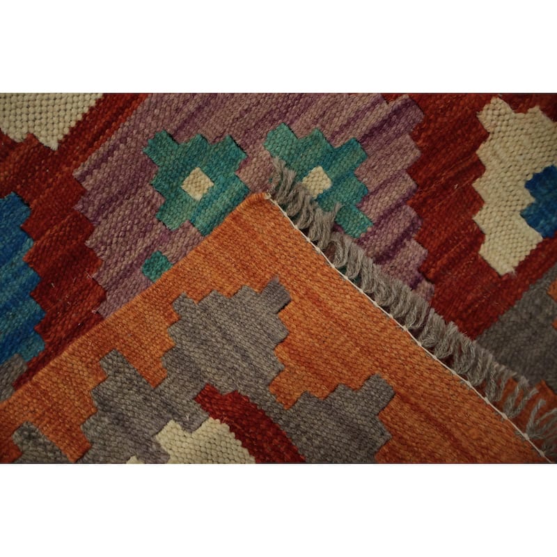 Hand Woven Oriental 100% Wool Carpet Southwestern Geometric Oranges & Rust Kilim Runner Rug - 9' 4'' X 2' 5''