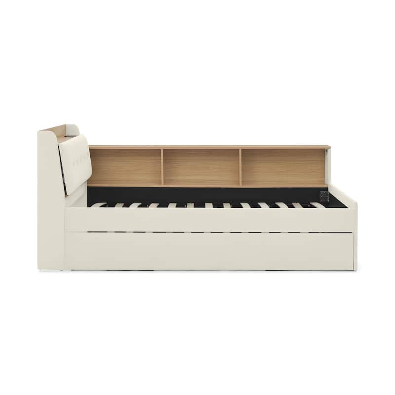 Twin Size Height Adjustable Day Bed with Headboard and Wireless Charging, Multi-functional Daybed with Trundle Bed & LED Lights