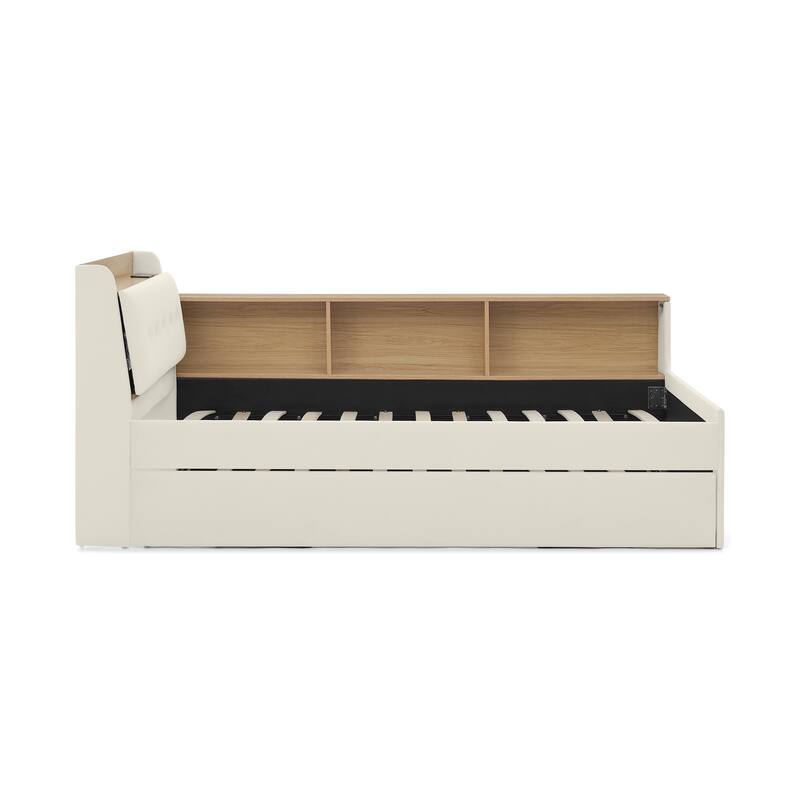 Twin Size Velvet Upholstered Daybed with Storage Headboard, LED and Wireless Charging - Optional Trundle Bed or Storage Drawers