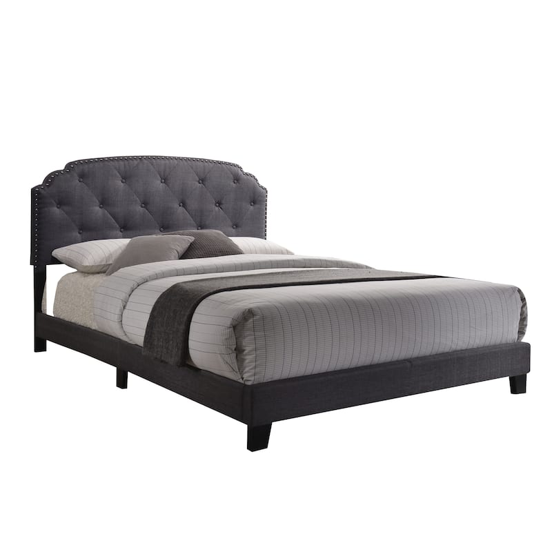 Queen Size Upholstered Panel Bed with Nailhead Trim and Arched Headboard
