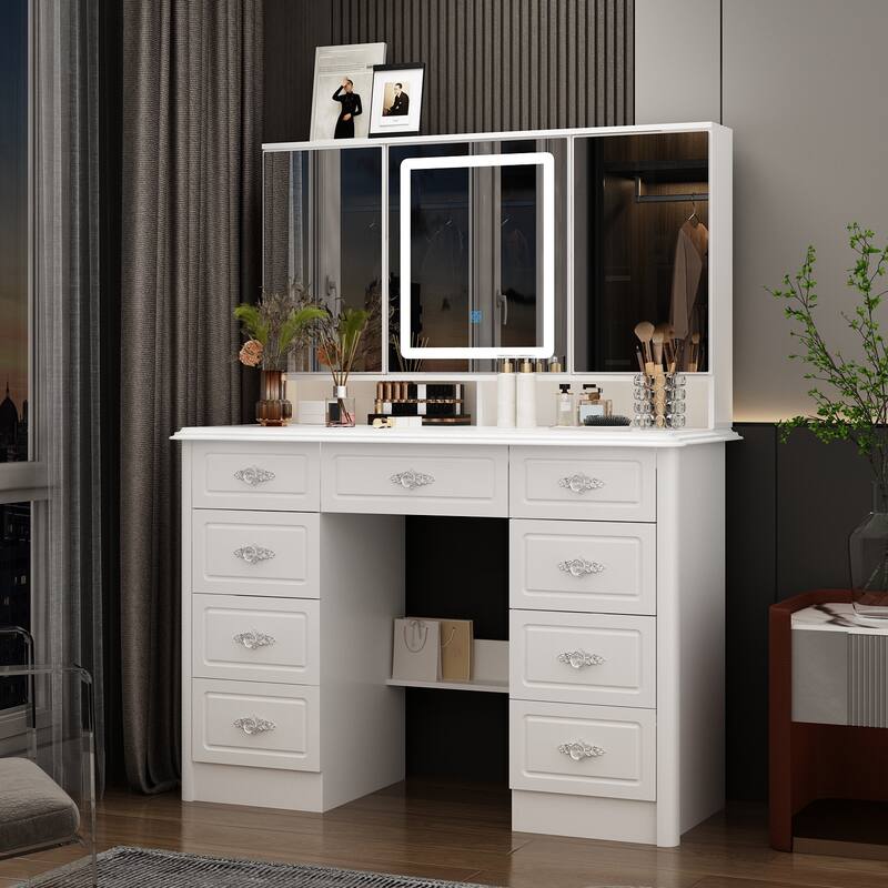White Makeup Vanity Desk with LED Mirror, 9-Drawer Vanity Table with Storage Cabinets for Bedroom