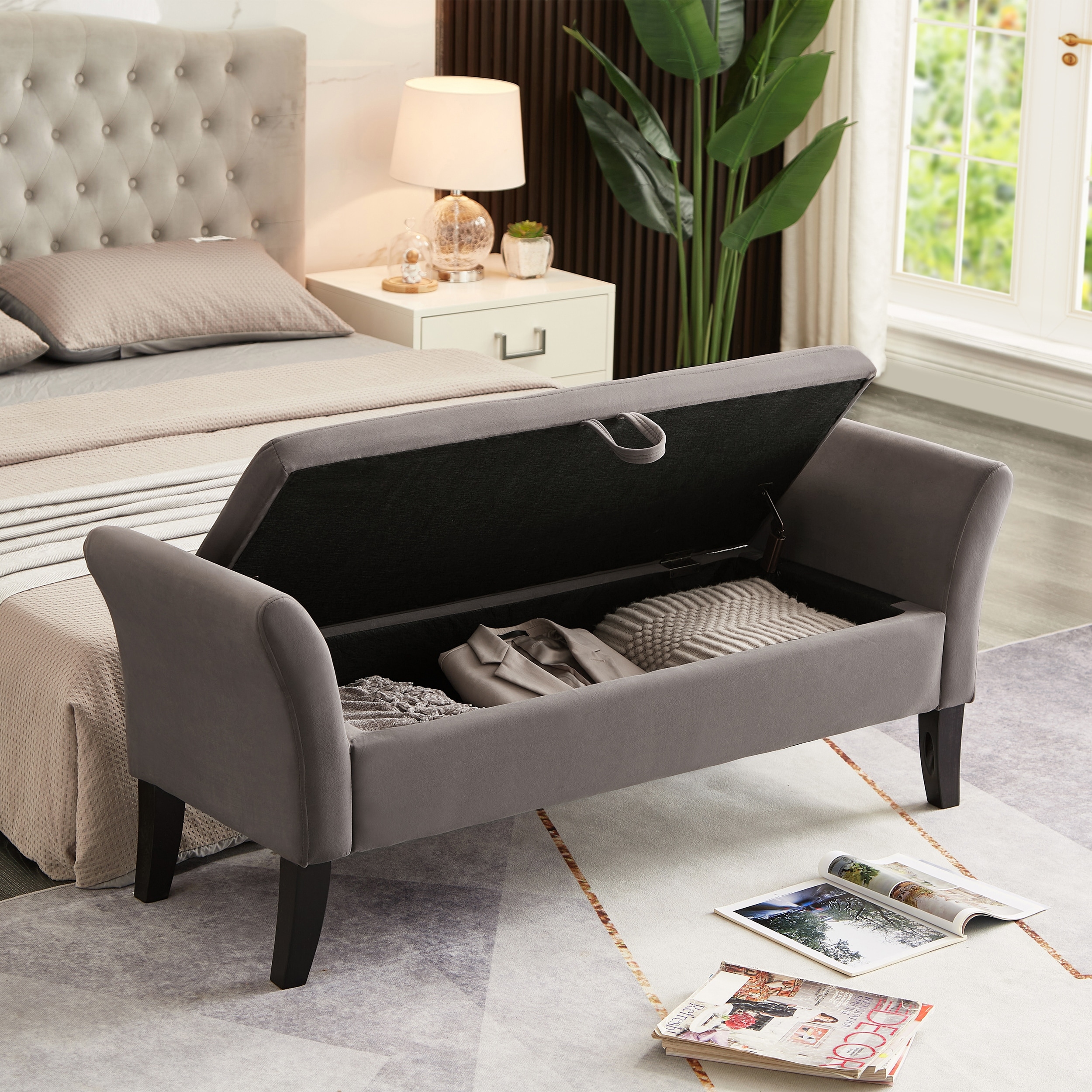 Bed Bench With Storage And Velvet Upholstery For Bedroom Organization And Seating