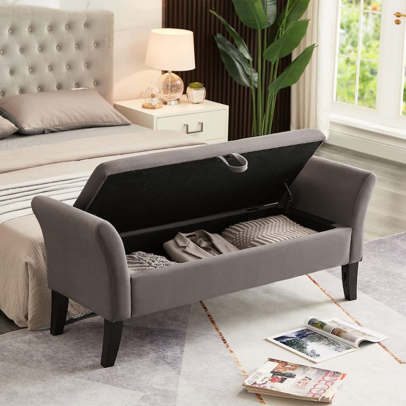 Bed Storage Bench with Curved Arms and Solid Wooden Legs