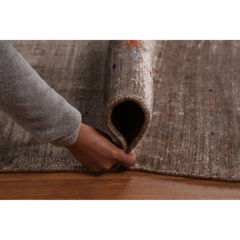 Brown Gabbeh Oriental Area Rug Hand-Knotted Silk Carpet - 8'11" x 11'8"