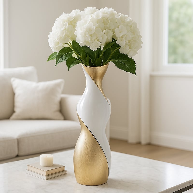 Contemporary Ceramic Twisted Vase -White and Gold Floral Vase