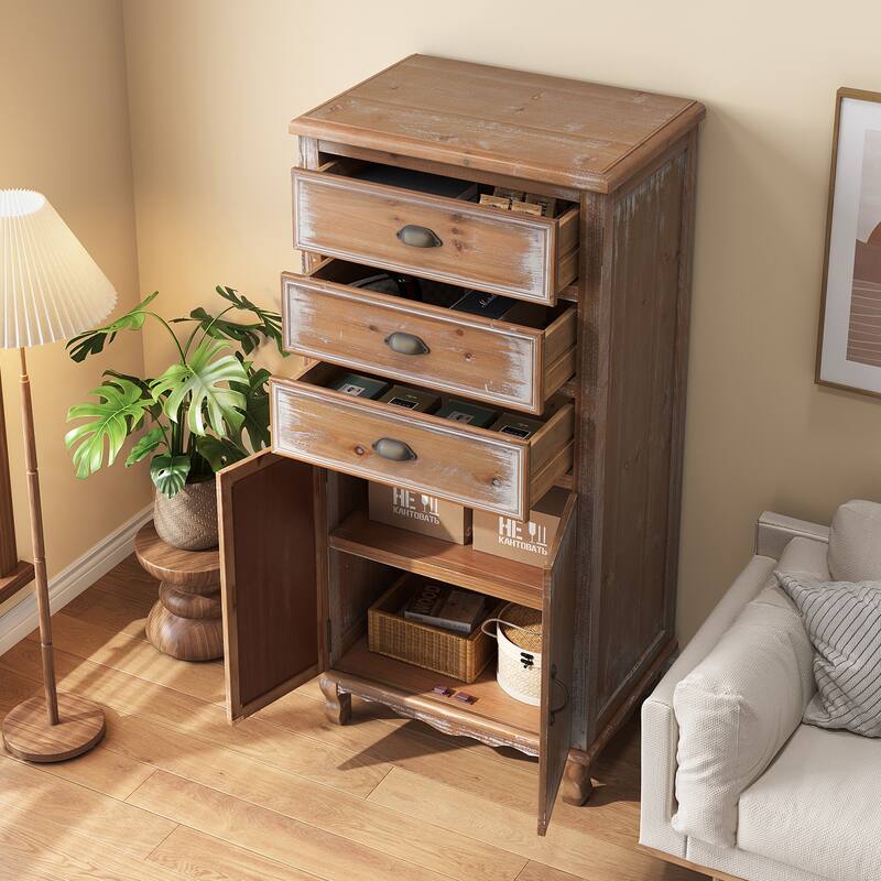 Rustic Wooden Storage Cabinet with Decorative Cutout Door & 3 Drawers, Tall Narrow Organizer for Living Room, Bedroom