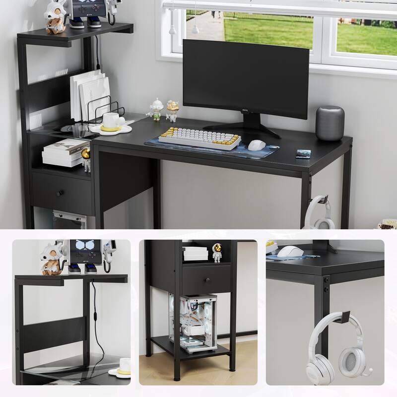 48" Study Writing Desk with Reversible Shelves, USB Charging Ports, LED Lights, and Drawer