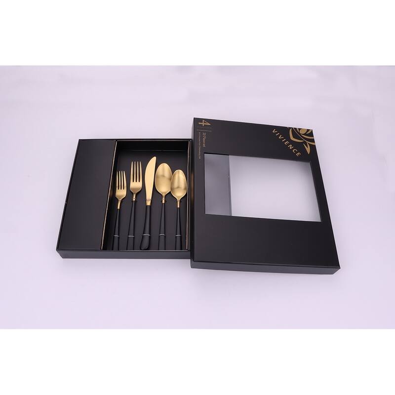 20 Pc Flatware Set Matte Gold With Black Handles - Service For 4