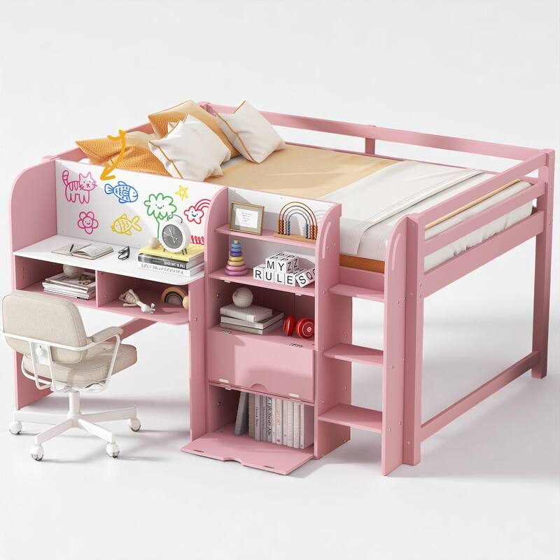 Full Loft Bed with Built-in Desk, Bookshelf, Storage Cabinets, Ladder and Whiteboard, Space-Saving Design