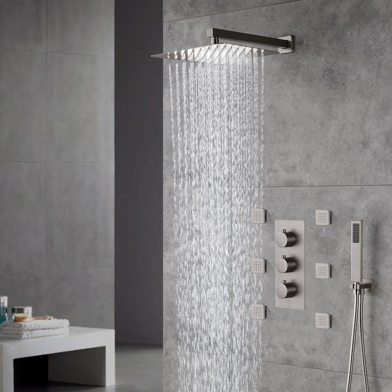 Thermostatic 12 in. Wall Mount Shower System with 6 Body Sprays