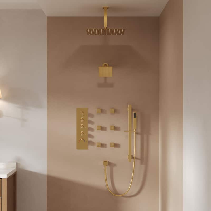 GRANDJOY Shower System 16 inch Rainfall Ceiling and 6 inch Wall Mount Dual Shower Head Handheld Spray Slide Bar Thermostatic - Brushed Gold