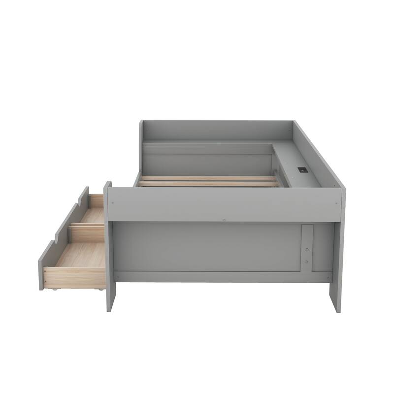 Modern Twin Daybed with USB Ports, Storage Drawers, and Shelving