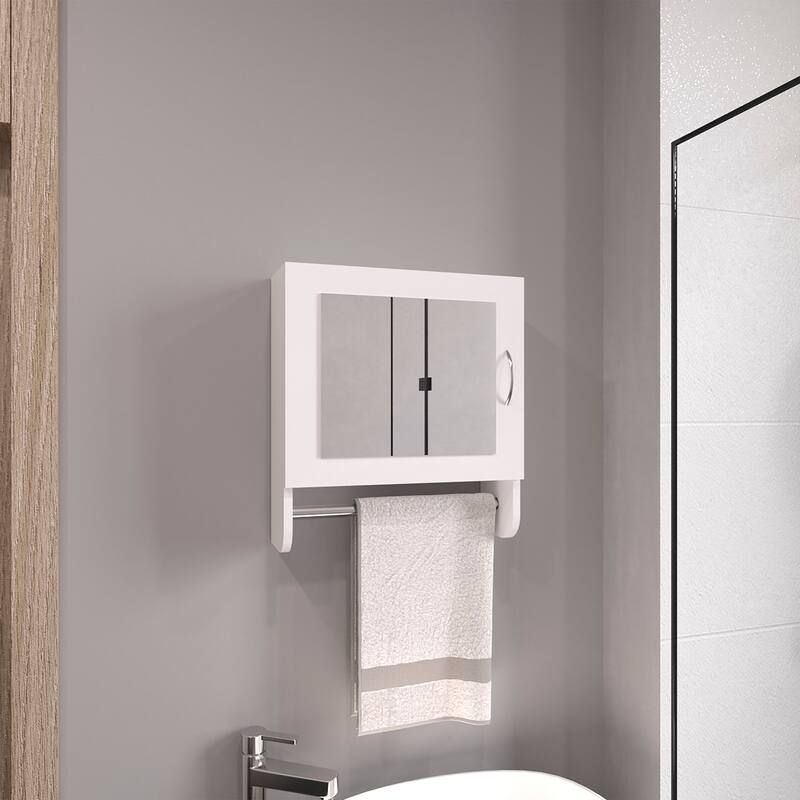 Wall-Mounted Medicine Cabinet - 19.7" H, 17.7" W, Mirrored Door, 2 Shelves, Towel Rack, Bathroom & Kitchen Storage - 5.7X17.7 in - White + Particle Board