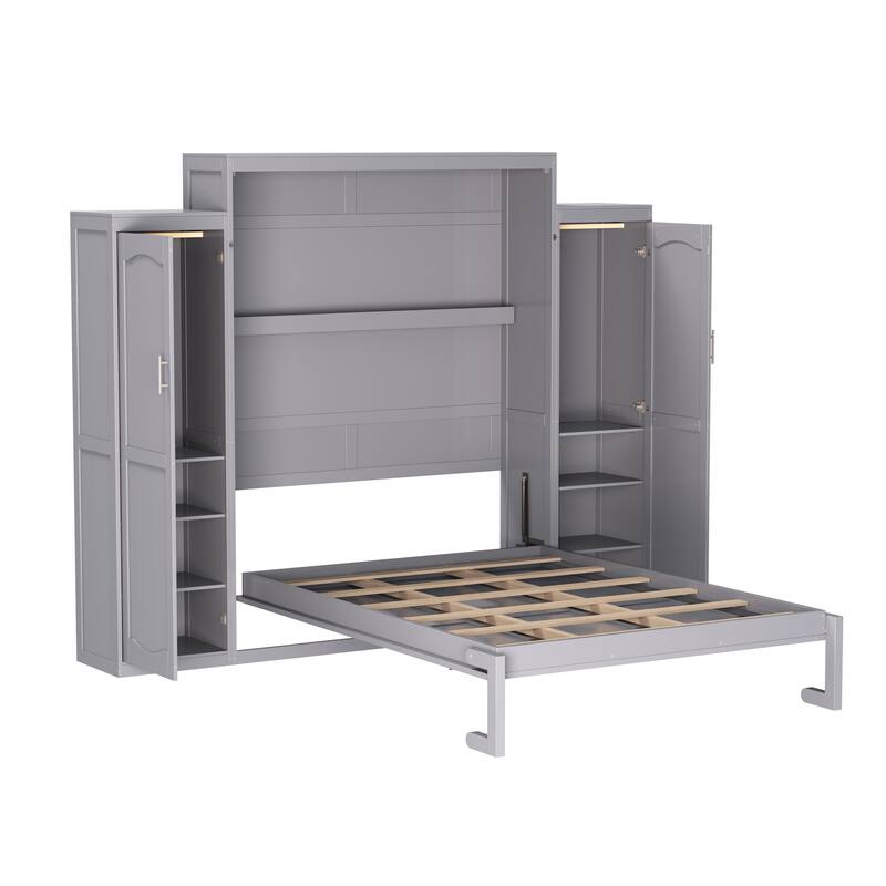 Queen Size Murphy Bed with Two Wardrobes and Multifunctional Foldable Platform Bedframe