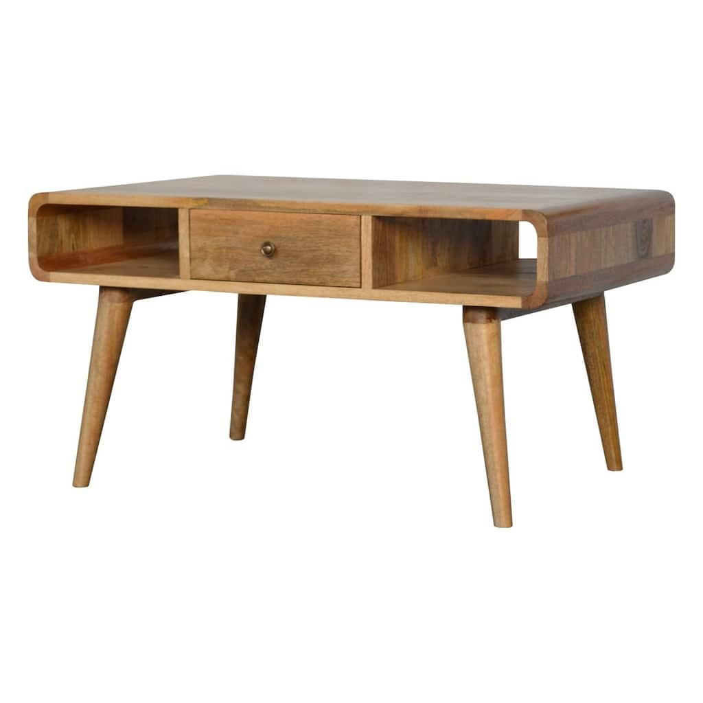 Artisan Furniture Oak ish Solid Wood Curved Coffee Table, Beige with 1 Drawer