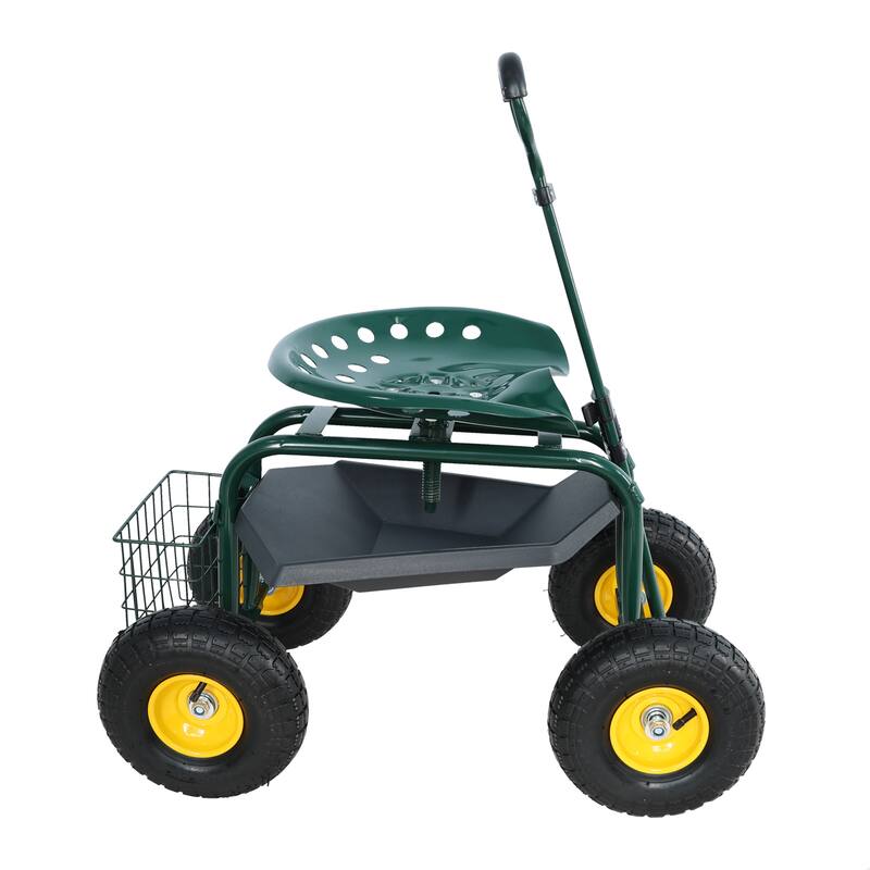 Adjustable Garden Cart with Swivel Seat, Large 10-Inch Wheels, Storage Tray and Basket, Easy Maneuvering - Iron