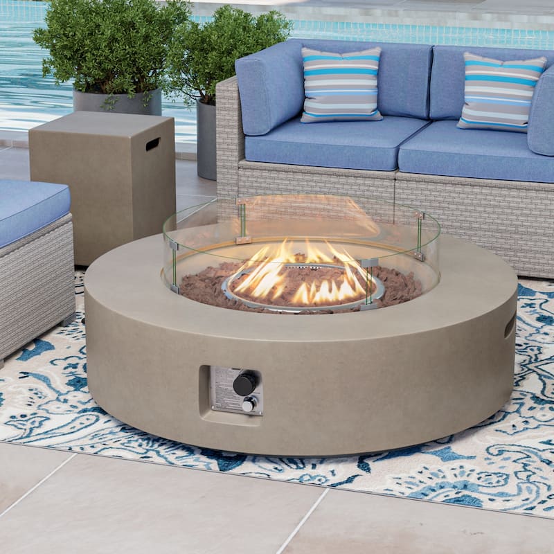 SUNBURY Round Outdoor Propane Fire Pit w Wind Guard and Tank Cover