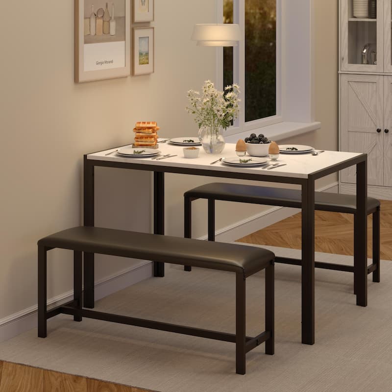 4-6 Person Dining Set with Faux Marble Top, PU Leather Benches and Storage Shelf