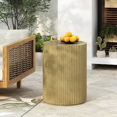 Roomfitters Fluted MGO Side Table with Wood-Like Texture and Round Drum Shape, Modern Outdoor Accent, Teak