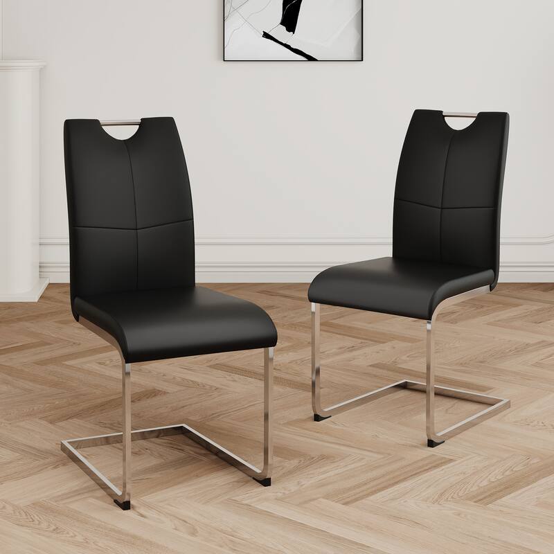 Modern Set of 2 Dining Chairs with Leather Cushioned Seat, Chrome Metal Legs, for Dining Room, Living Room, and Bedroom - Black+Silver