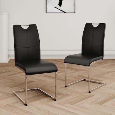 Modern Set of 2 Dining Chairs with Leather Cushioned Seat, Chrome Metal Legs, for Dining Room, Living Room, and Bedroom