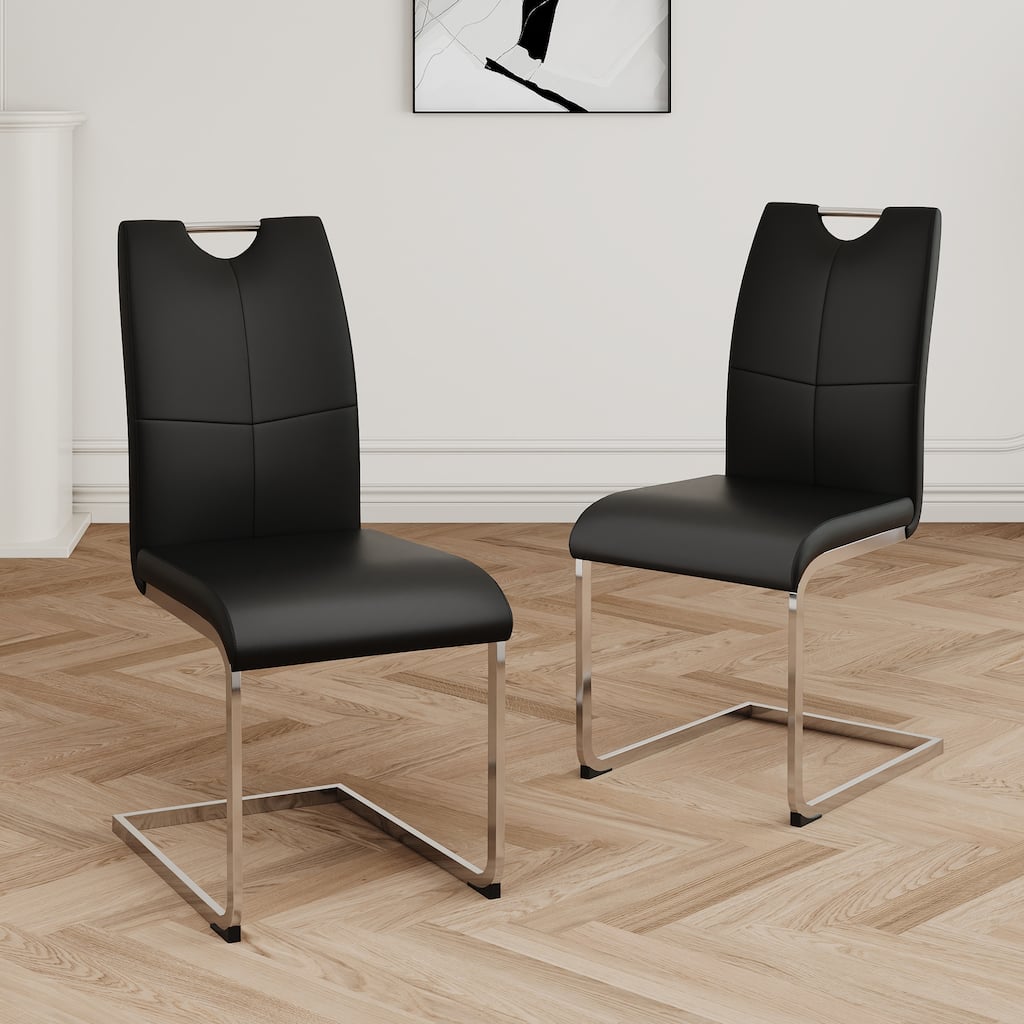Modern Set of 2 Dining Chairs with Leather Cushioned Seat, Chrome Metal Legs, for Dining Room, Living Room, and Bedroom