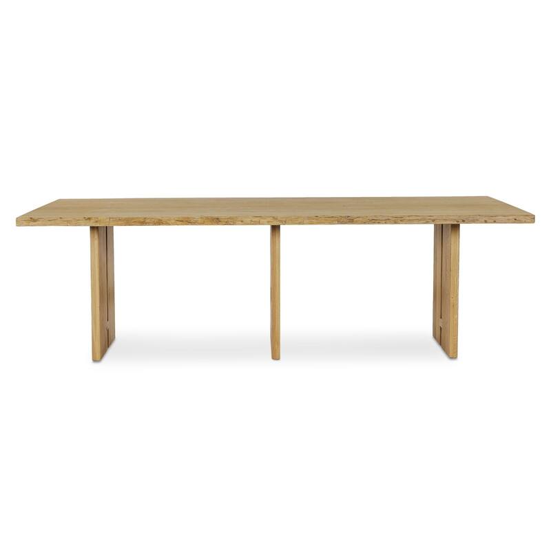 Solenne Dining Table, Rectangular, Solid Oak Top, Iron Base, Natural Finish, Live-Edge Three-Leg Design, Natural