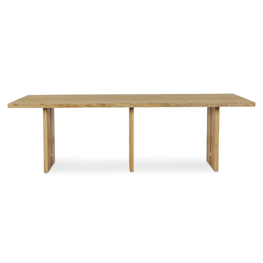 Solenne Dining Table, Rectangular, Solid Oak Top, Iron Base, Natural Finish, Live-Edge Three-Leg Design, Natural