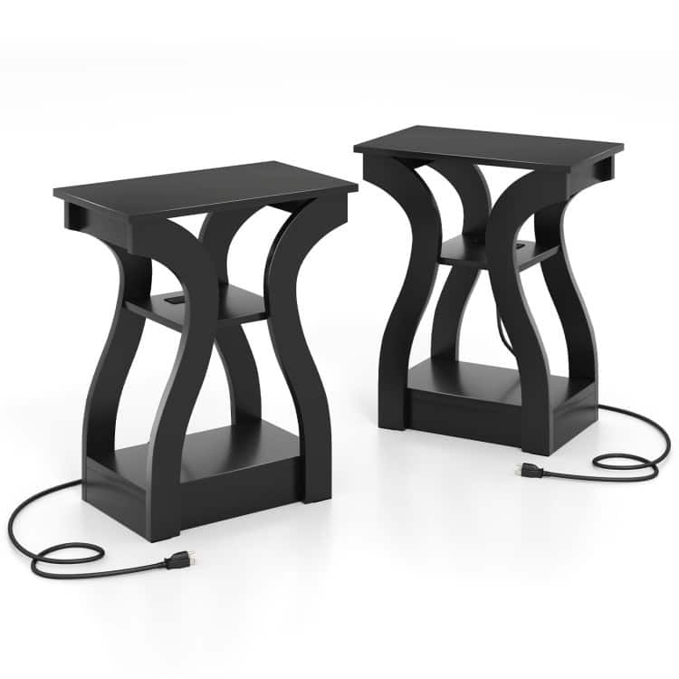 Set of 2 Engineered Wood 3-Tier Side Table with USB and Outlets - 19.5" x 12" x 24" - Black