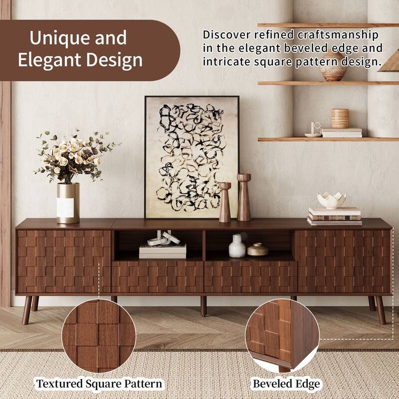 Modern 70" TV Stand for TVs up to 80", Entertainment Center Media Console Table with Solid Wood Legs and Open Storage