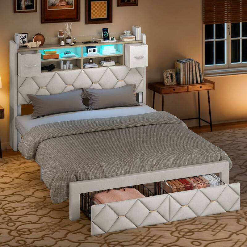Moasis Upholstered Bed Frame with Storage Headboard And Charging Station and LED Light
