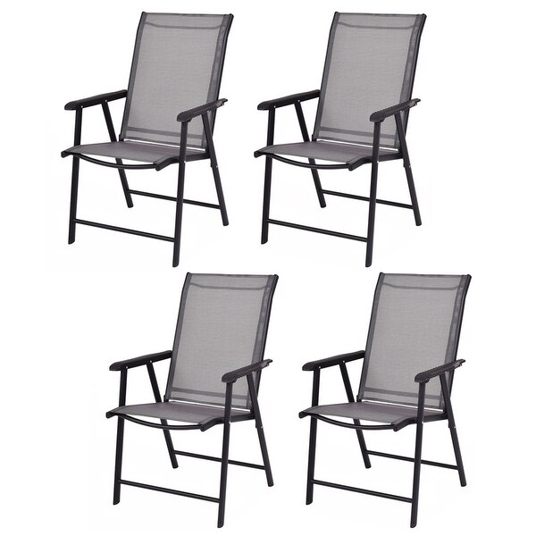 Costway Set of 4 Outdoor Patio Folding Chairs Camping Deck Garden Pool Beach W/Armrest - black & gray