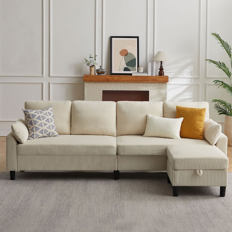 100.79" Corduroy L shaped Pillow Top Arm Sofa With Storage Bag - Beige