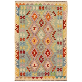 Bohemian Turkish Kilim Kyle Blue Beige Hand-Woven Wool Rug - 4'3'' x 5 ...