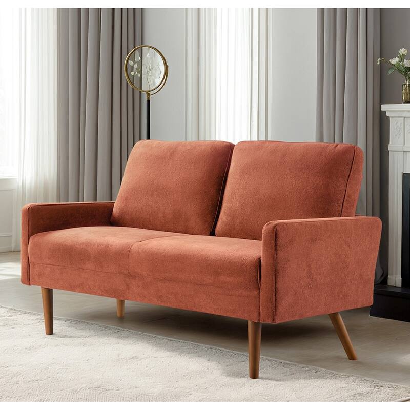 Velvet Upholstered Loveseat Sofa, Small Loveseat Sofa Couch with Rubber Wood Legs, 2 Seater Couch with Throw Pillow