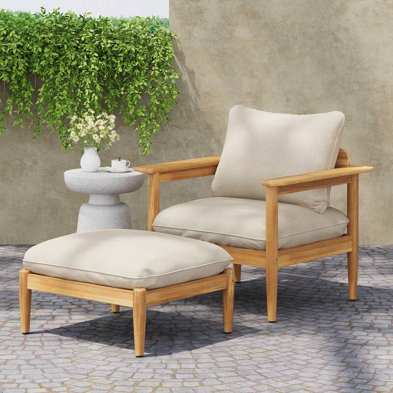 Outdoor Acacia Wood Lounge Set with Chair and Ottoman - Beige Light Teak