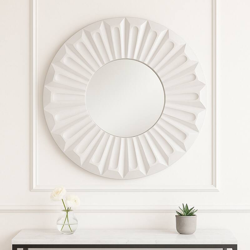 Modern Round Wall Mirror - Sculptured Carved Wood Frame - 36", Ivory - 35.5"